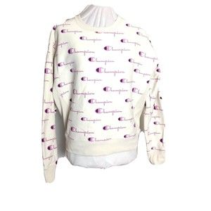Champion Reverse Weave White Sweatshirt with all over Pink Logo Size Large